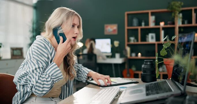 Phone call, crisis and business woman at desk for communication, confirm schedule or update agenda. Overworked, talking or receptionist with laptop for urgent, work stress or planning meeting