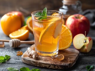 Refreshing iced tea with apple and orange slices, served in mason jars.