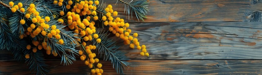 A vibrant yellow mimosa blooms against a rustic wooden backdrop