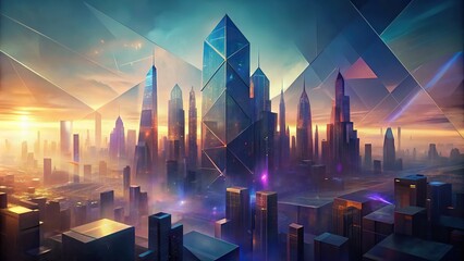 Abstract metropolitan cityscape with blurred background of skyscrapers and geometric shapes