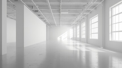 White gallery space, high ceilings, empty walls, crisp studio lighting, isolated background for clean advertising visuals