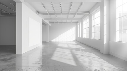White gallery space, high ceilings, empty walls, crisp studio lighting, isolated background for clean advertising visuals