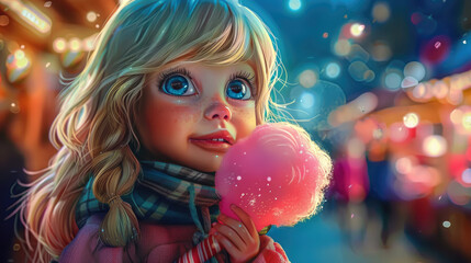 Illustration of Girl with Blue Eyes and Cotton Candy