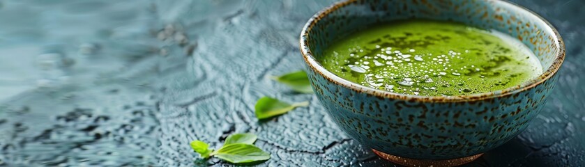 Close-up of a bowl of green tea matcha with a textured background.