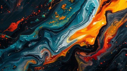 Obraz premium Vibrant abstract paint swirls in bold colors, showcasing a stunning mix of blue, orange, and red tones with intricate details.