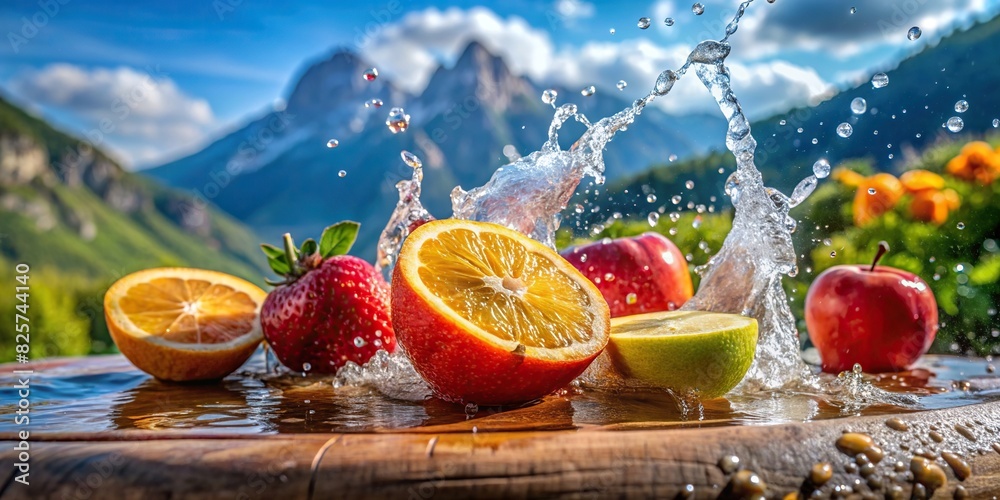 Wall mural close-up of a refreshing fruit with water splashes against a mountain background - Wall murals