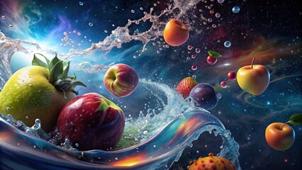 Fresh fruits splashing in water with a galaxy swirl background, close up
