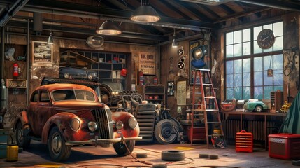 Vintage garage scene, old car on jacks, mechanic swapping wheels, vintage posters on the walls
