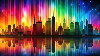 Abstract city skyline silhouette against a colorful backdrop