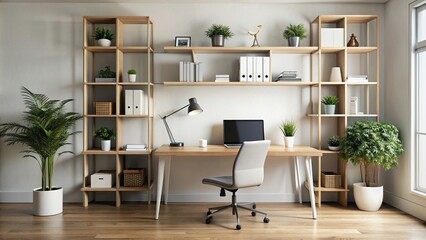 A minimalistic workspace with a sleek desk and organized shelves
