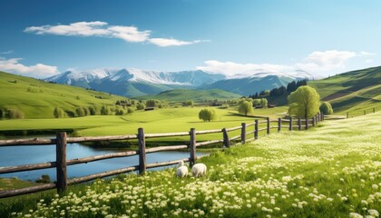 A stunning spring day landscaping views of fertile land surrounded beautiful green vegetation, wide stretches of hills and mountains with clear skies in spring