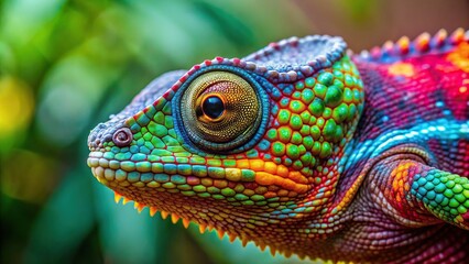 Close up macro shot of a colorful chameleon with copy space