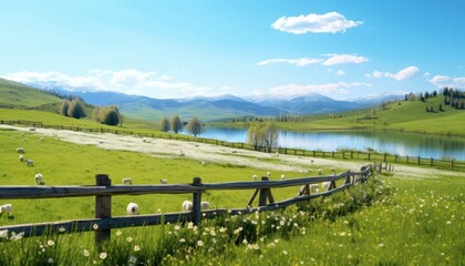 Fototapeta premium A stunning spring day landscaping views of fertile land surrounded beautiful green vegetation, wide stretches of hills and mountains with clear skies in spring