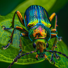 Close-Up of an Iridescent Beetle on a Leaf with Detailed Exoskeleton and Natural Habitat
