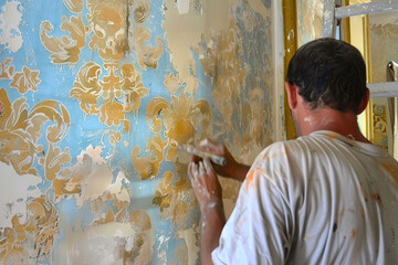 Vintage mansion during restoration: Workers restoring ornate woodwork and frescoes.