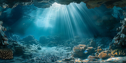 A blue ocean with the sun shining through the water. A Cave Filled With Lots of Water and Rocks

