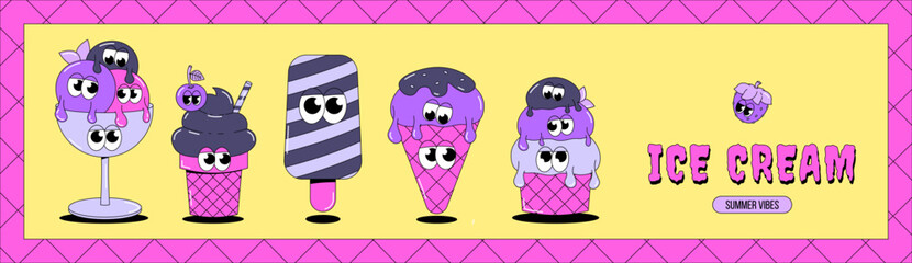 Trendy psychedelic sweet banner. Psychedelic characters ice cream with funky faces and emotions. Cute dessert mascot in groovy style. Vector illustration for menu, cafe, restaurant