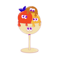 Funky ice cream. Three colored balls in bowl with funky faces. Cute character dessert mascot in groovy style. Vector surrealism illustration in bright colors