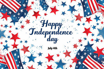 texte en anglais "Happy Independence day" July 4th, pour la fête nationale américaine le 4 juillet, avec des drapeaux américains et des étoiles rouges et bleues sur fond blanc