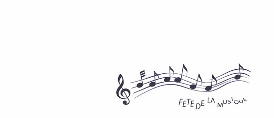 partition de musique avec une clé de Sol et des notes de musique, et le texte en français "Fête de la musique" sur fond blanc avec espace négatif copyspace; 21 juin