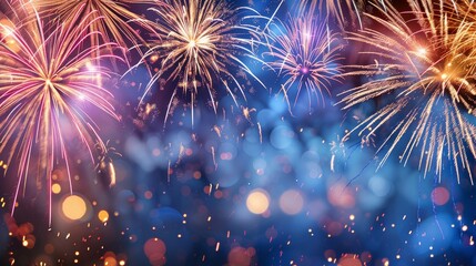 Naklejka premium Stunning fireworks display, multicolored explosions, Happy New Year banner, eye-catching design, festive celebration, sparkling details