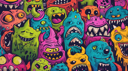 Obraz premium Angry Cute Monster Doodles in Bright Colors