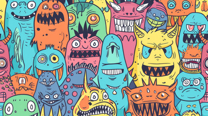 Fototapeta premium Angry Cute Monster Doodles in Bright Colors