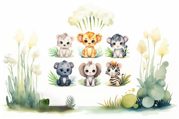bébés animaux de la jungle et de la savane en Asie et Afrique dans un style aquarelle, illustration enfantine sur fond blanc, entourés de végétation
