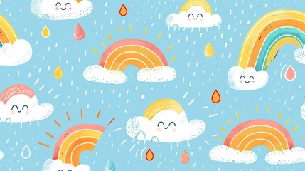 Seamless sky pattern with hand-drawn rainbows, soft pastel colors, playful rain drops scattered throughout, cheerful and vibrant