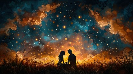 Intricate paper cut depiction of a couple cuddling by a campfire with coffee mugs and a starry sky above