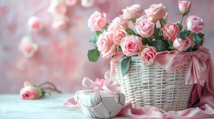 A pink roses arranged in a white wicker basket accompanied by a heart shaped gift box - Powered by Adobe