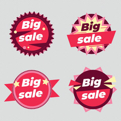 Set of vector red starburst, sunburst badges. Simple flat style vintage labels, stickers with sale discount text. Sale quality tags and labels. Template banner shopping badges