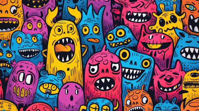 Angry Cute Monster Doodles in Bright Colors