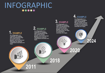 Vector infographic on a gray-black background with gray paths with upward arrows, pins showing the location of timelines, steps for educational presentations, management, financial planning, banking.