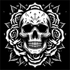 vector illustration of skull skeleton artwork with minimalist floral decoration. Can be used as a logo, brand, mascot, t-shirt, sticker, patch and tattoo design.