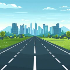 Fototapeta premium Cartoon highway. Empty road with city skyline on horizon and nature landscape, highway view