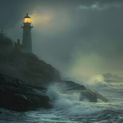 Solitary Lighthouse Beacon Illuminating the Misty Evening Sky with Waves Crashing Against Rock...