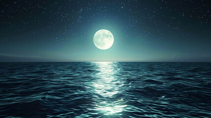 Majestic full moon reflecting on the calm ocean, with a sky full of twinkling stars.