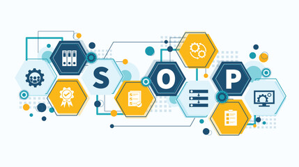 Standard Operating Procedure - SOP business concept. Instructions to assist employee in complex routine operations. SOP web banner with icons vector illustration infographic flat design.