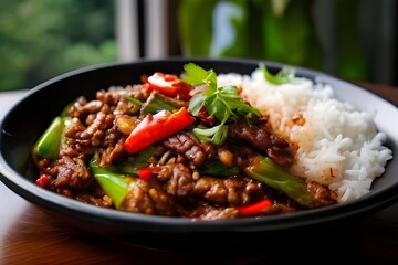 Fototapeta premium Stir-fried minced pork with onion, pepper and steamed rice (Thai food)