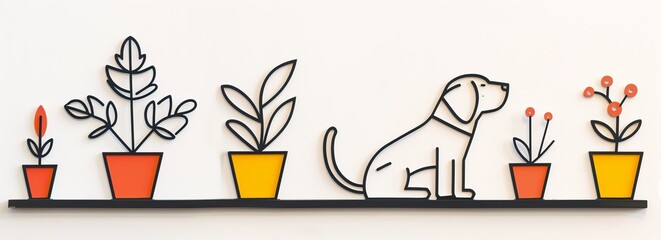 One-Line Gestural Drawing of Dog and Potted Plants in Wrought Iron Style