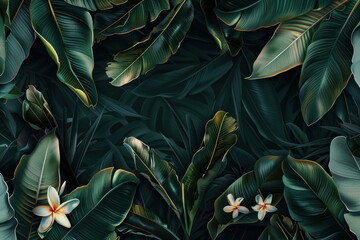 tropical flowers, dark tone, leaves and palm leaves