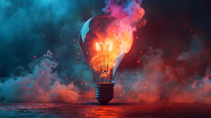 Captivating of a Light Bulb Transforms into Iridescent,Liquid-like Paint Clouds in a Dreamy,Ethereal Photographic Style