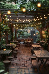 Fototapeta na wymiar Cozy and Inviting Outdoor Beer Garden Atmosphere with Rustic Wooden Furniture,Lush Greenery,and String Lighting