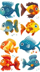 Fototapeta premium Cartoon fishes set, isolated design elements 