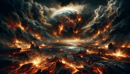 Fiery Earth,A Post-Apocalyptic Vision of a Burning Planet Amidst Dark Clouds and Glowing Embers