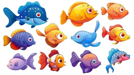 Cartoon fishes set, isolated design elements 