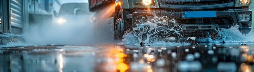 Washing a truck outside up close at a car wash using detergents 