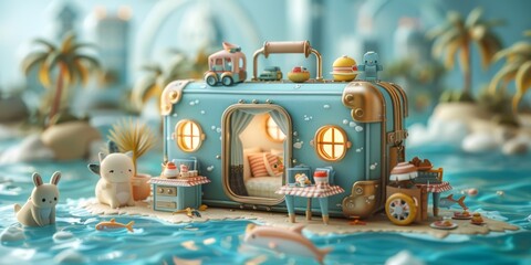 3d isometric, A cute suitcase-shaped house with toy cars and fish inside, cute animal characters wearing beach , a miniature runway on the roof of tables full of food, a swimming pool in front