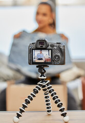 Camera, screen and woman with clothes for vlog as influencer for social media, campaign and...
